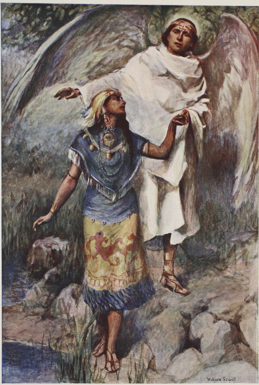 Os velhos deuses vencidos, uma princesa do México antigo, é mostrada a chegada de uma nova fé, do "Livro dos Mitos" de Amy Cruse. de William (after) Sewell