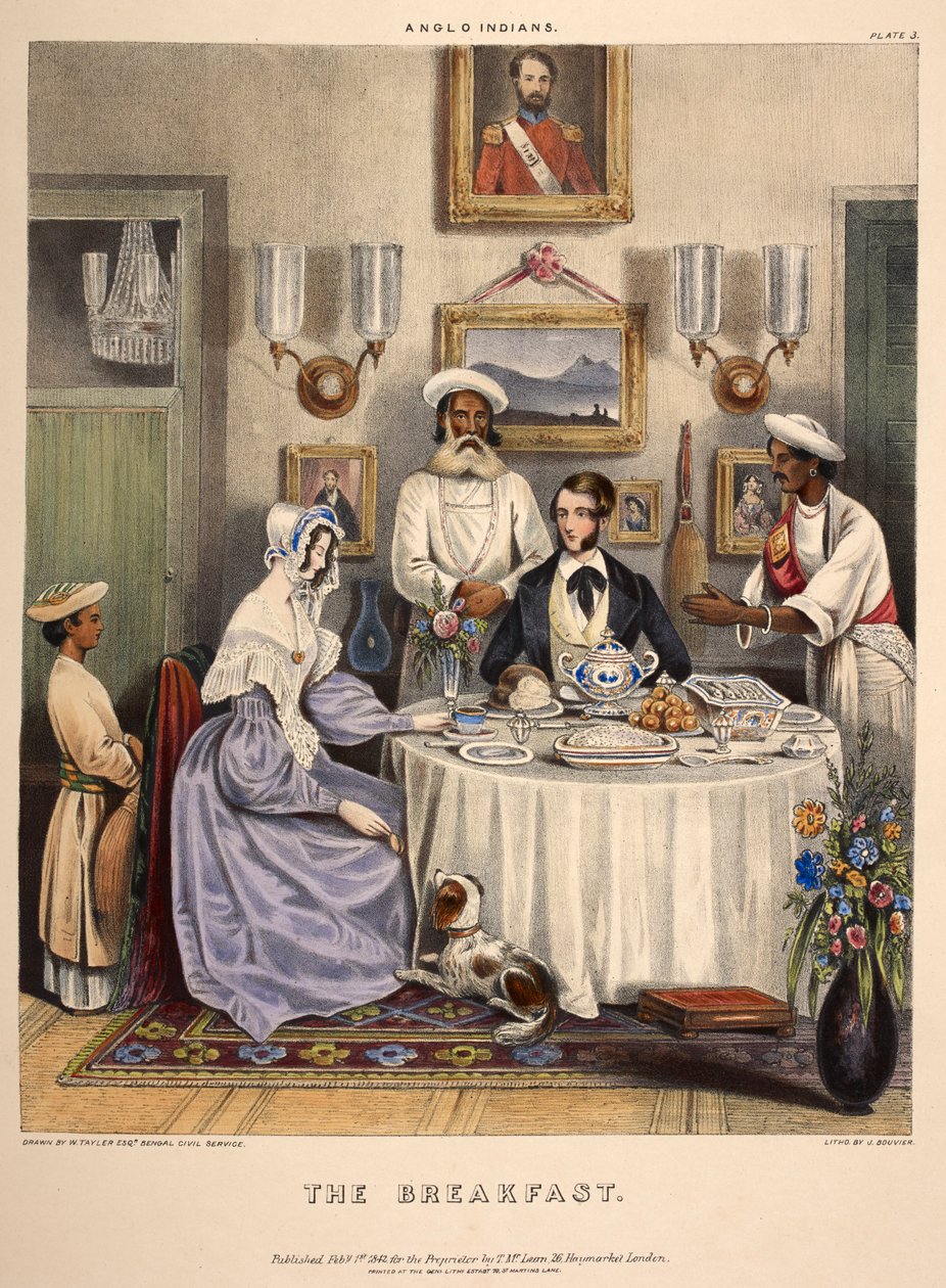 O café da manhã. Um jovem casal (um funcionário público da Companhia das Índias Orientais e sua esposa) tomando café da manhã com peixe frito, arroz e laranjas Sylhet, com empregados presentes. Litografia de J. Bouvier. de William (after) Tayler