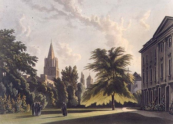 Exterior do Corpus Christi College e Christ Church Cathedral, ilustração da 