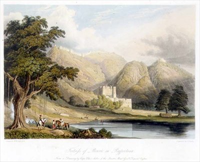 A Fortaleza de Bowrie em Rajpootana, desenhada pelo Capitão Charles Auber do Departamento do Quartel General no Ceilão, do Volume I de "Cenário, Fantasias e Arquitetura", gravado por Charles Bentley (1806-54) pub. por Smith, Elder and Company de William (after) Westall