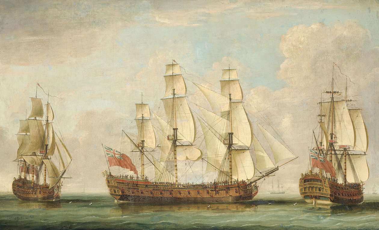 O honorável navio da Companhia [East India] Bessborough em três posições no Canal da Mancha com os seus conveses cheios de gente (óleo sobre tela) de William (attr. to) Elliott