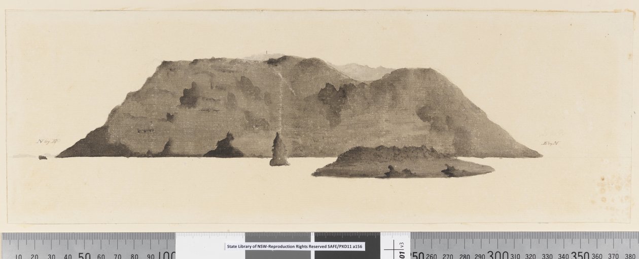 Página 3b Vista da ilha não identificada. Em tinta no lado esquerdo "N por E" e no lado direito "E por N". de William (attr. to) Hodges