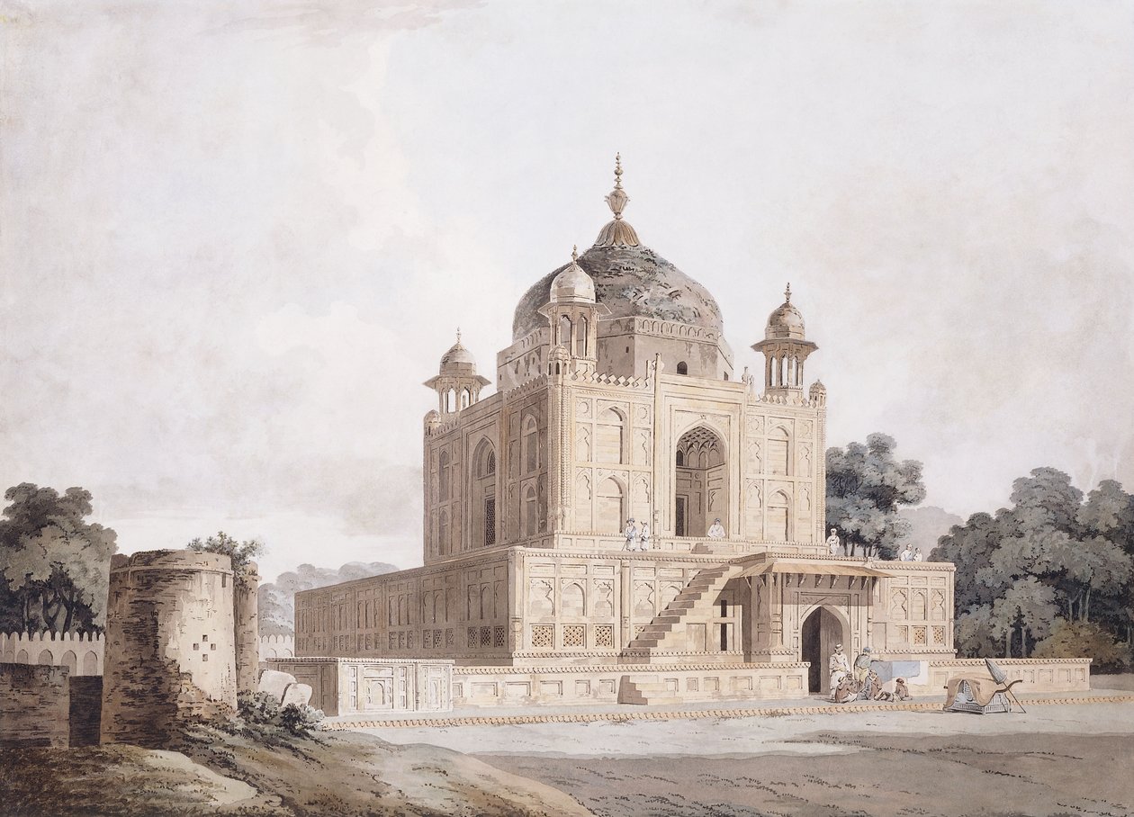 O Mausoléu do Sultão Parviz, Perto de Allahabad (lápis, caneta e tinta preta, w - c) de William (circle of) Daniell
