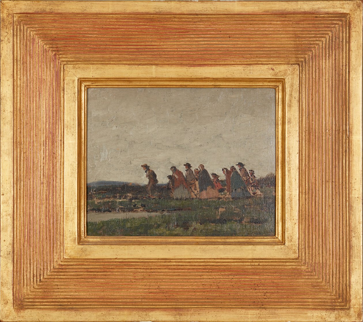 Figuras cruzando uma paisagem (óleo sobre tela) de William (circle of) Nicholson