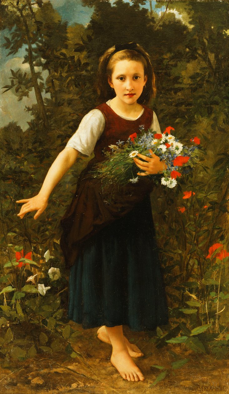 Menina pelo riacho segurando um maço de flores, 1886 de William Adolphe Bouguereau