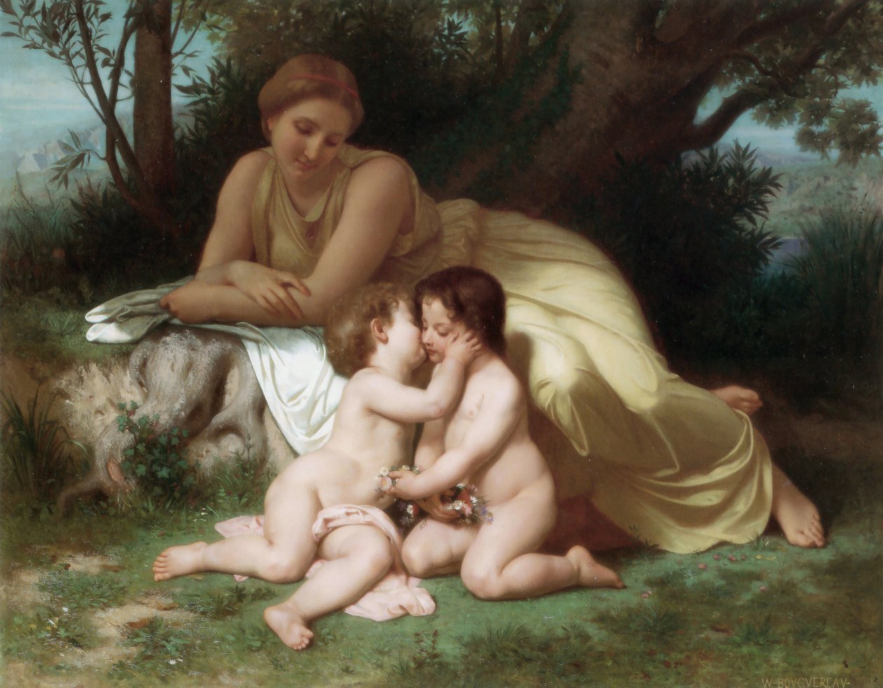 Mulher jovem contemplando duas crianças que se abraçam de William Adolphe Bouguereau
