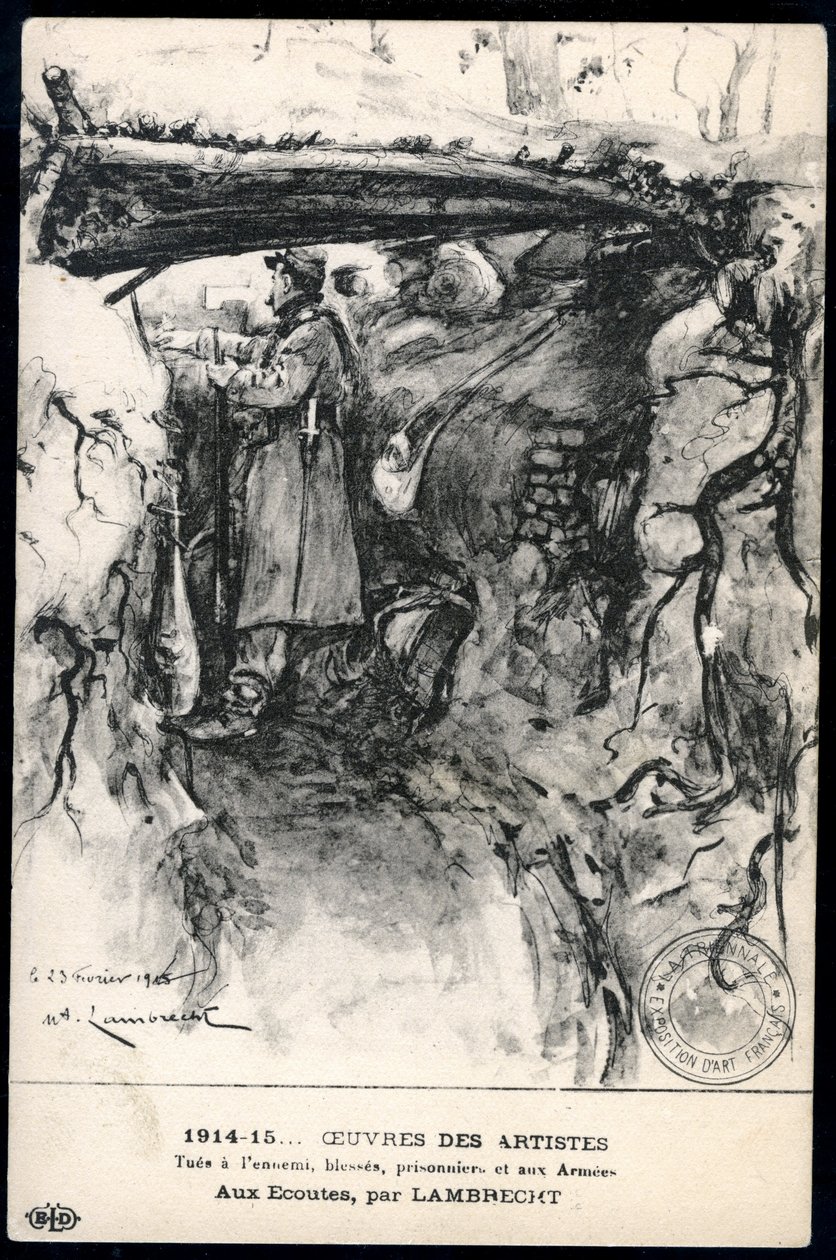 Primeira Guerra Mundial - Guerra 14-18 (1914-1918) - Primeira Guerra Mundial (Primeira ou Primeira Guerra Mundial): França, Mapa Patriótico mostrando um desenho de um soldado numa trincheira a observar a linha da frente, intitulado: 
