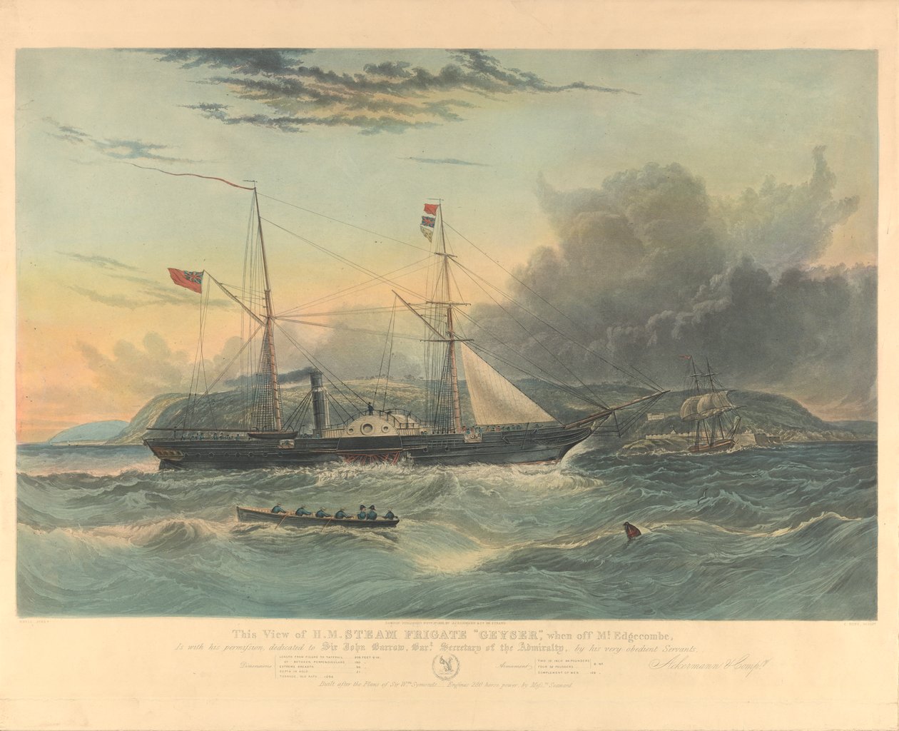 Esta vista da fragata a vapor Geyser, quando ao largo do Monte Edgecombe, é... dedicada a Sir John Barrow... de William Adolphus Knell