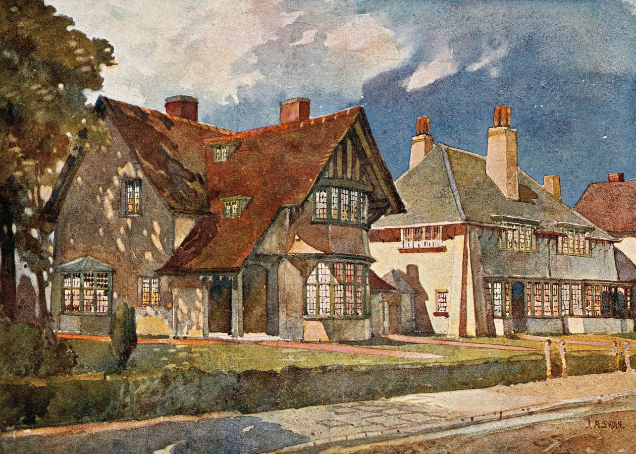 Casas de trabalhadores em Bournville, perto de Birmingham de William Alex Harvey