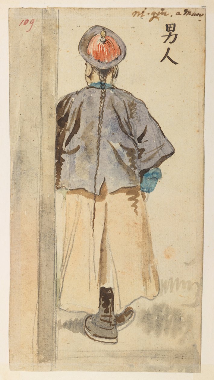 109 Estudo da figura chinesa, a partir de um Álbum de 372 desenhos de paisagens, costas, trajes e vida quotidiana feitos durante a embaixada de Lord Macartney no Imperador da China, entre 1792 e 1794 (lápis e aguarela sobre papel) de William Alexander