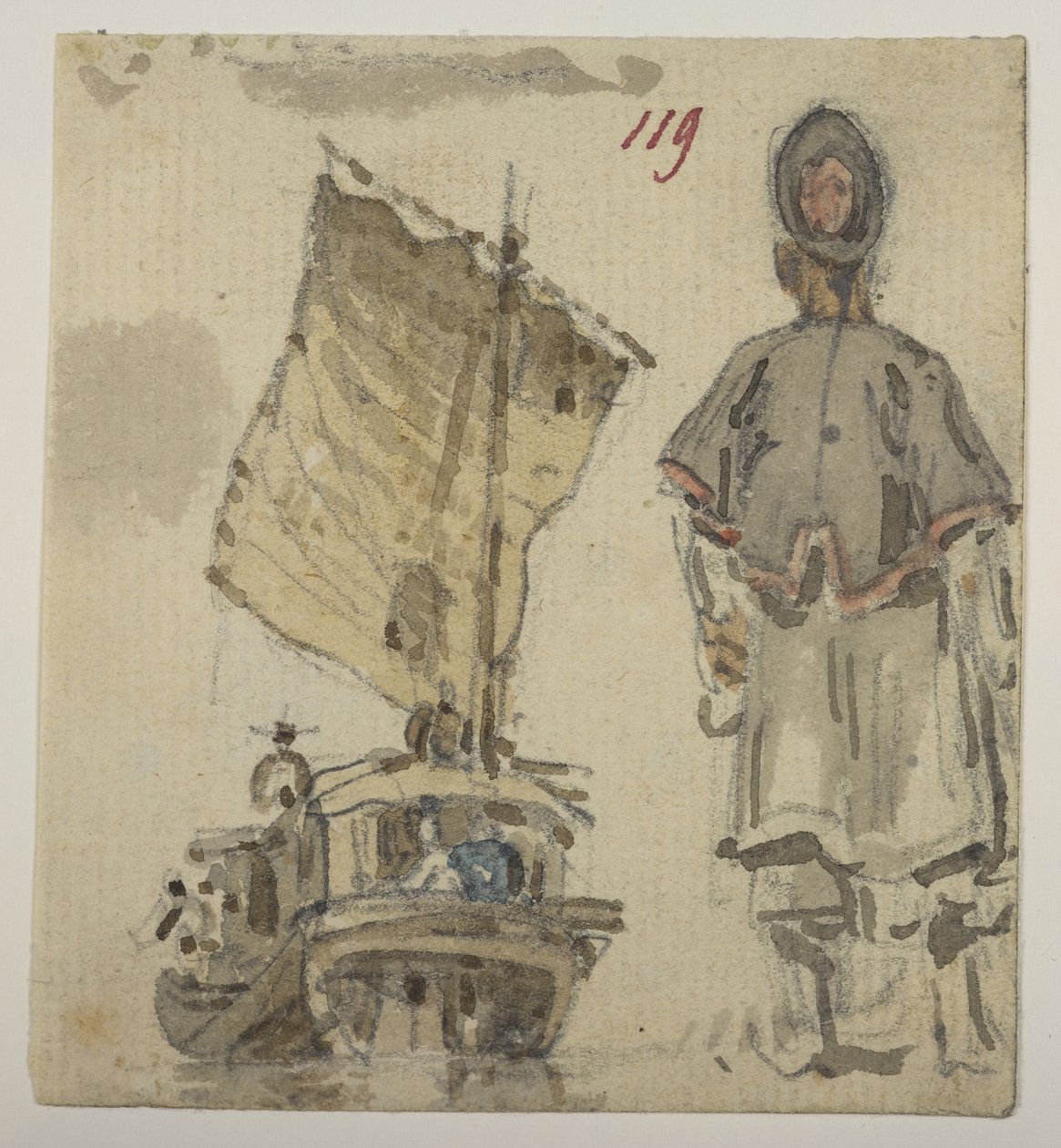 119 Estudos de barcos e figuras, de um Álbum de 372 desenhos de paisagens, costas, trajes e vida quotidiana feitos durante a embaixada de Lord Macartney no Imperador da China, entre 1792 e 1794 (lápis e aguarela sobre papel) de William Alexander