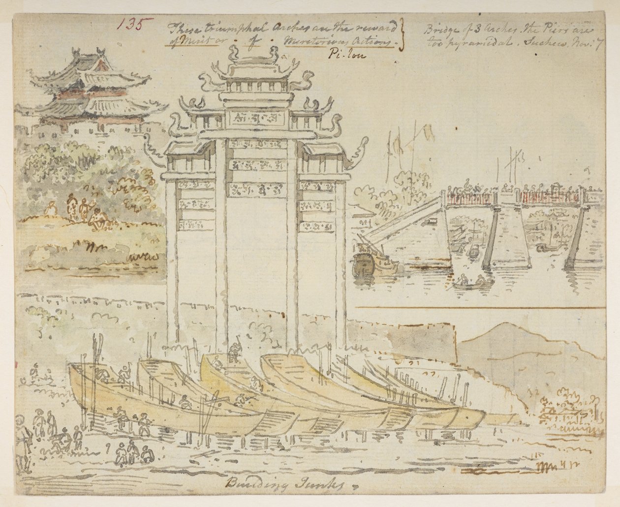 135 Lixo a ser construído perto de um arco triunfal. Estes arcos triunfantes são a recompensa do Mérito ou de Acções Meritórias. Ponte de 3 arcos. Os Píeres são demasiado piramidais. Suchew [Soochow]. 7 de Novembro". de um Álbum de 372 desenhos de paisagen de William Alexander