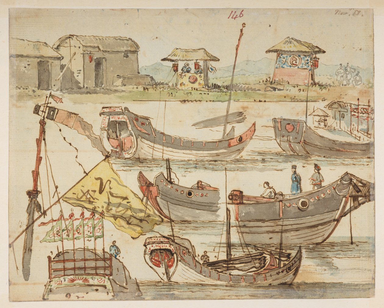 146 Barcos. "18 de novembro."  , de um Álbum de 372 desenhos de paisagens, litorais, trajes e cotidiano feitos durante a embaixada de Lord Macartney ao Imperador da China, entre 1792 e 1794 (lápis e aquarela sobre papel) de William Alexander