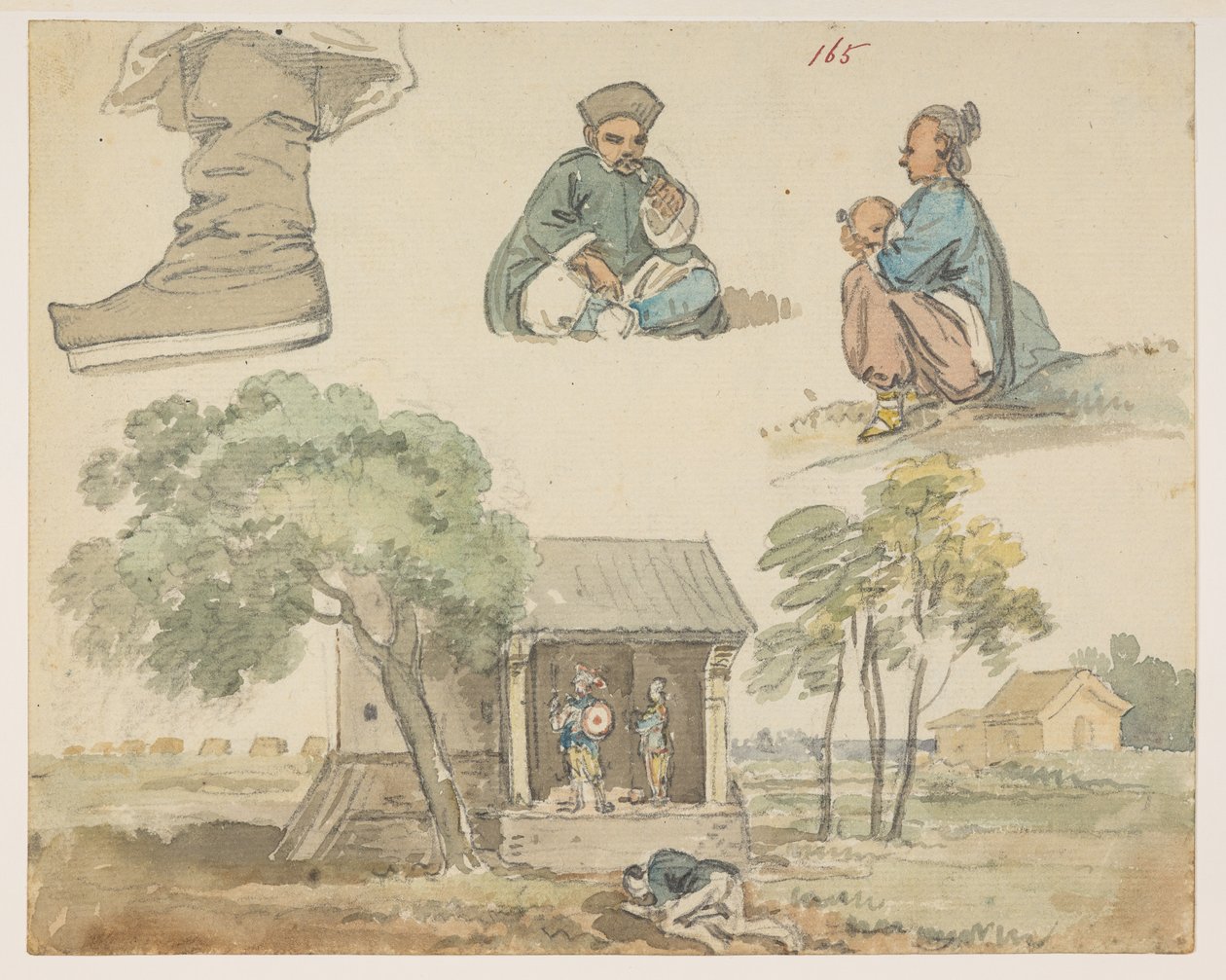 165 Estudos de figuras e santuário, de um Álbum de 372 desenhos de paisagens, costas, trajes e vida quotidiana feitos durante a embaixada de Lord Macartney no Imperador da China, entre 1792 e 1794 (lápis e aguarela sobre papel) de William Alexander