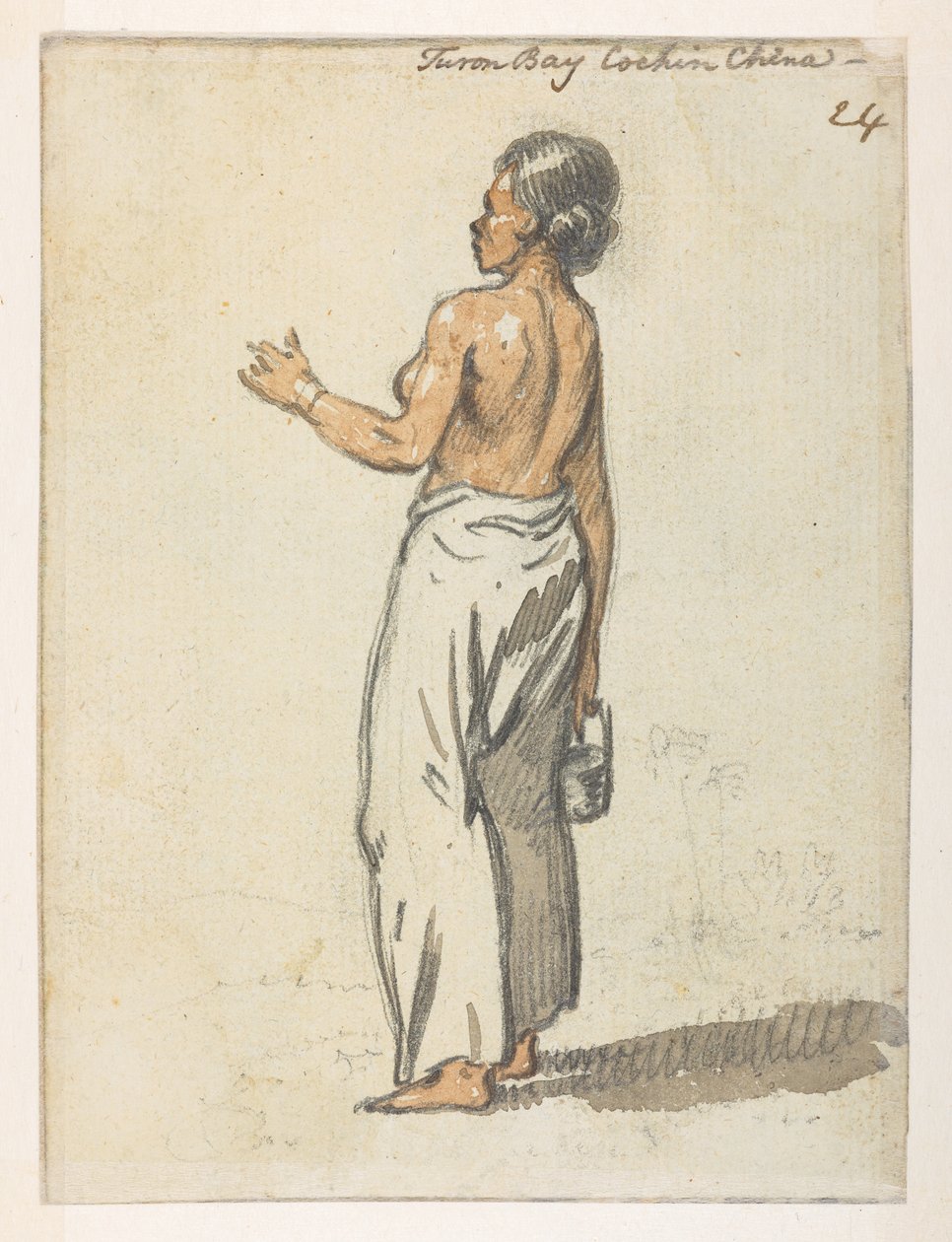24 Mulher de "Turon Bay, Cochin China", de um álbum de 372 desenhos de paisagens, costas, trajes e vida quotidiana feitos durante a embaixada de Lord Macartney junto do Imperador da China, entre 1792 e 1794 (lápis e aguarela sobre papel) de William Alexander