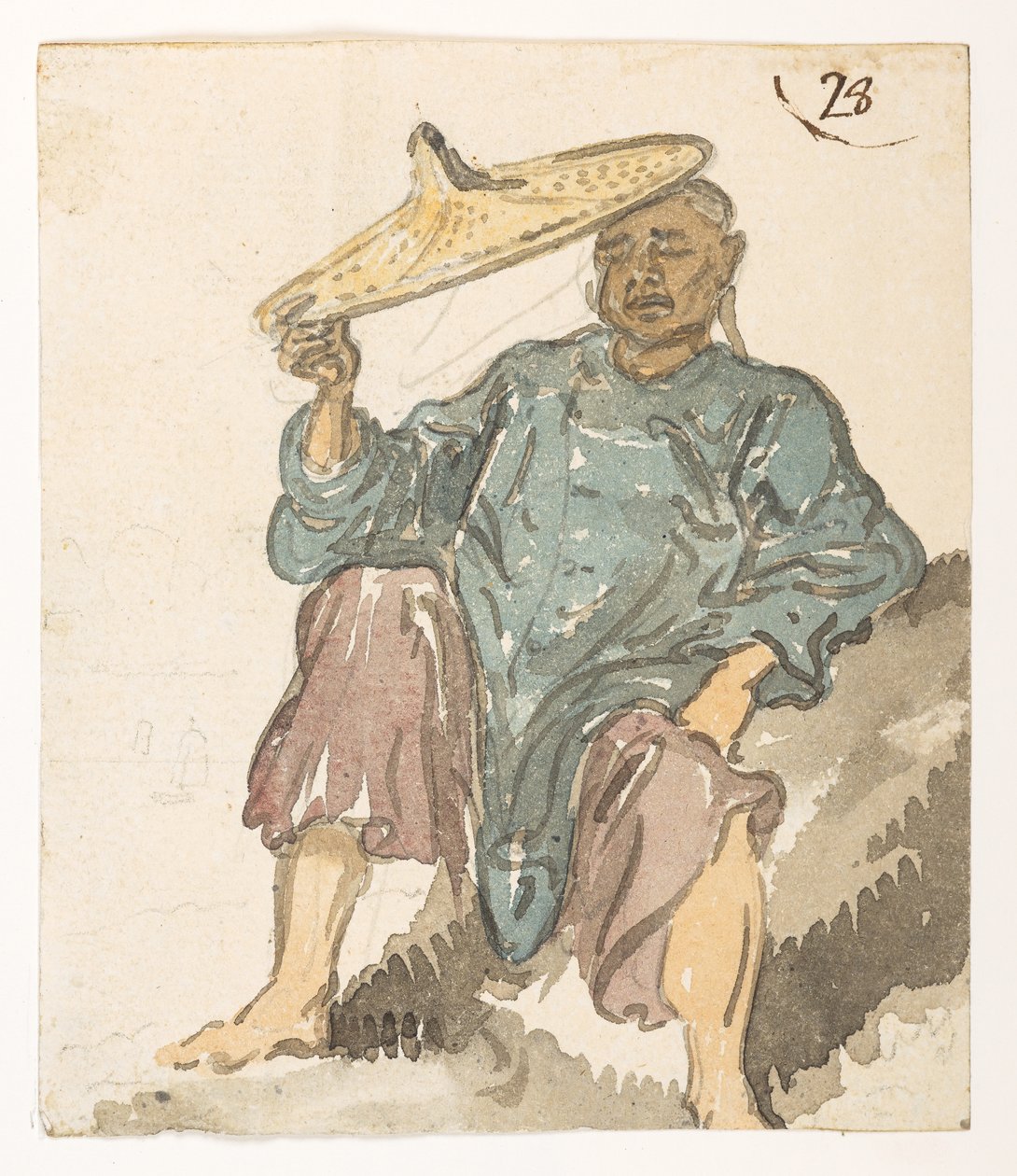 28 Figura adormecida, provavelmente da Baía de Turon. de um Álbum de 372 desenhos de paisagens, costas, fatos e vida quotidiana feitos durante a embaixada de Lord Macartney junto do Imperador da China, entre 1792 e 1794 (lápis e aguarela sobre papel) de William Alexander