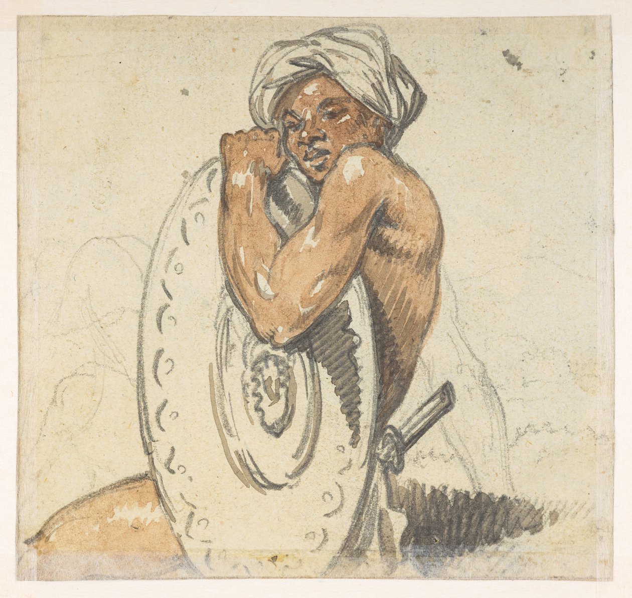 29v jovem com escudo.  de um Álbum de 372 desenhos de paisagens, litorais, trajes e vida cotidiana feitos durante a embaixada de Lord Macartney ao Imperador da China, entre 1792 e 1794 (lápis e aquarela sobre papel) de William Alexander