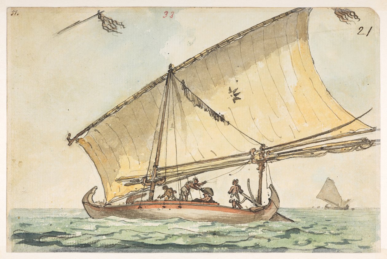 33 Barco na Cochin China,  de um Álbum de 372 desenhos de paisagens, litorais, trajes e vida cotidiana feitos durante a embaixada de Lord Macartney ao Imperador da China, entre 1792 e 1794 (lápis e aquarela sobre papel) de William Alexander