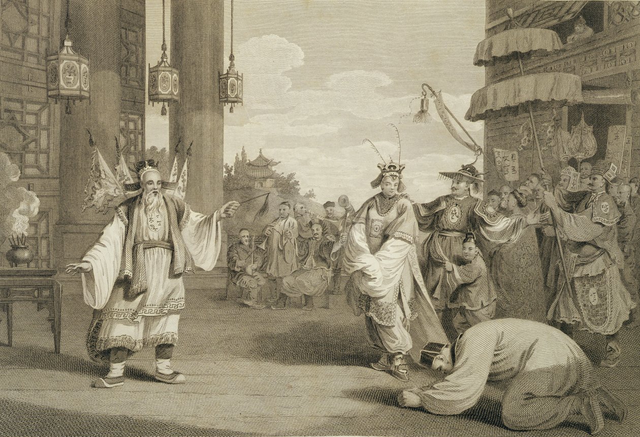 Uma cena em um jogo histórico exibido no palco chinês, gravado pelo pub James Heath (1757-1834). por G. Nicol, 1796 de William Alexander