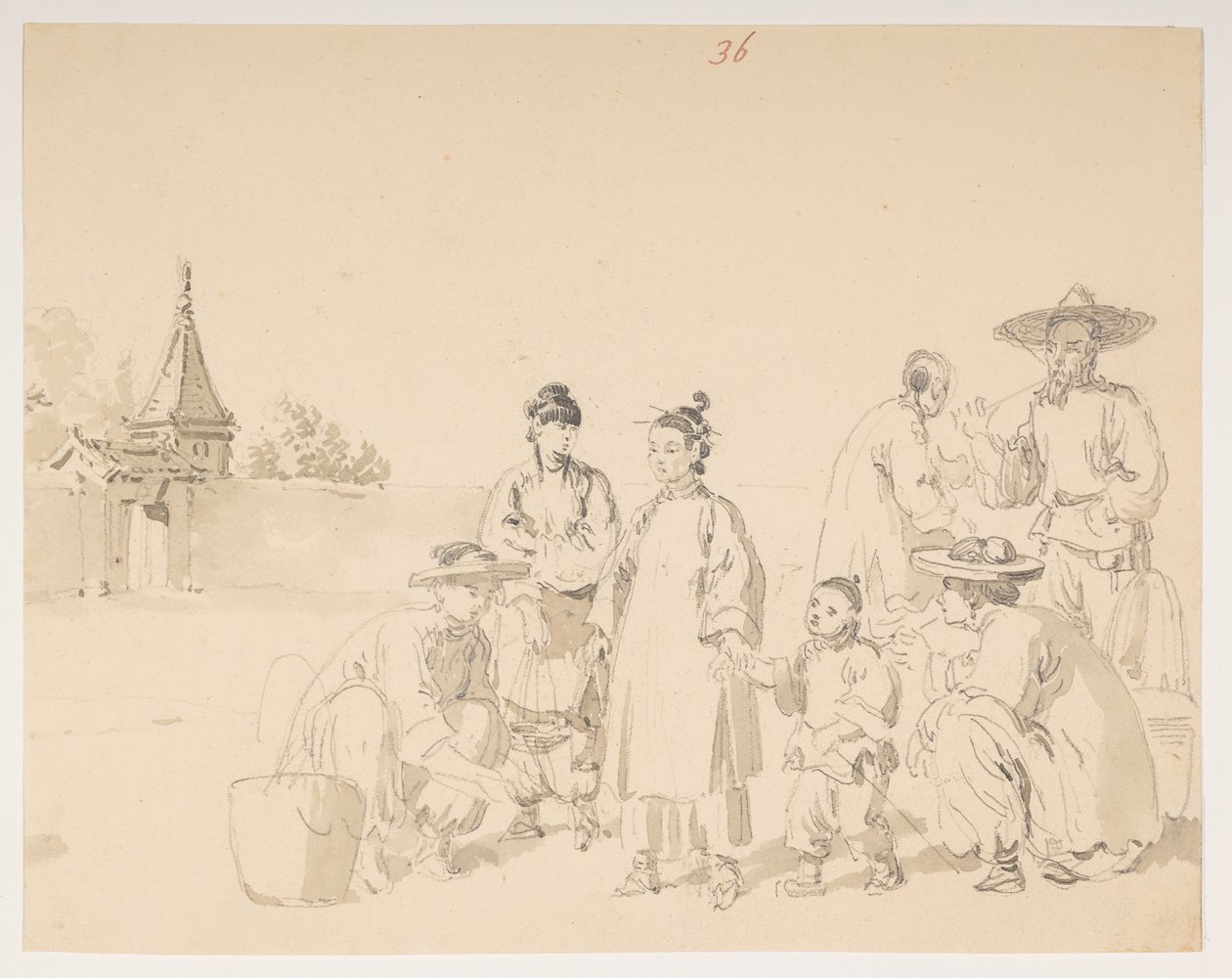 Um grupo, de um álbum de 372 desenhos de paisagens, litorais, trajes e vida cotidiana feitos durante a embaixada de Lord Macartney ao Imperador da China de William Alexander