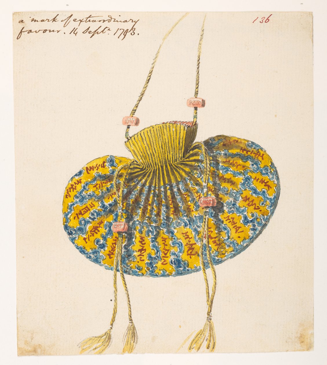 Uma marca de extraordinário favor, bolsa de seda dada a George Thomas Staunton pelo Imperador Kien Lung, de um Álbum de 372 desenhos de paisagens, litorais, trajes e vida cotidiana feitos durante a embaixada de Lord Macartney ao Imperador da China, entre 1 de William Alexander