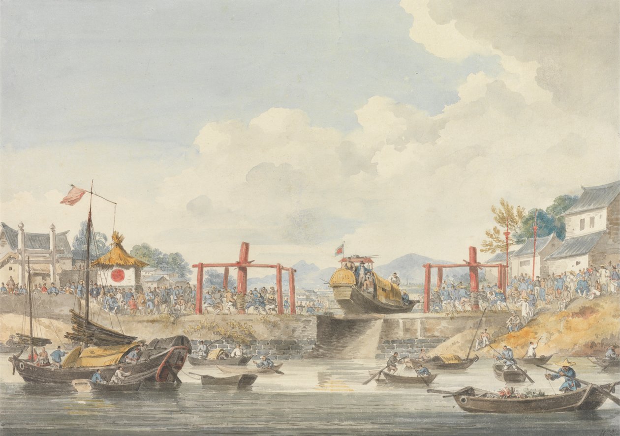 Barcaças da Embaixada sendo erguidas de um canal para outro a caminho de Han-Tcheou-Foo para Tchu-San, 16 de Novembro de 1793 de William Alexander