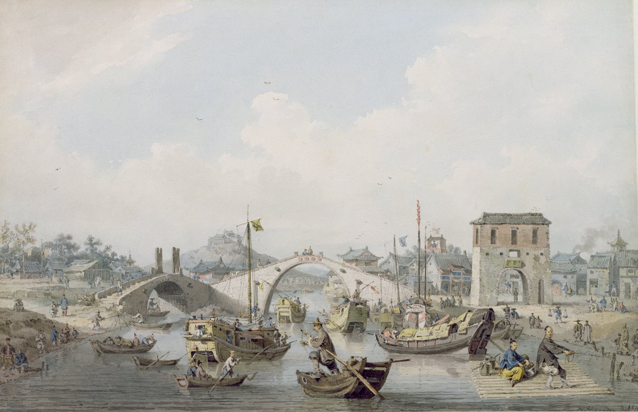 Barcos no rio em Suchow, China (wc sobre chumbo preto) de William Alexander