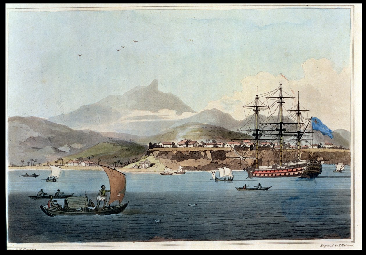 Porto Praya na Ilha de St. Jago, prato 4 de &39;A Voyage to Cochinchina&39; de John Barrow (1764-1848) gravado por Thomas Medland (1755-1823) 1806 (água-marinha) de William Alexander