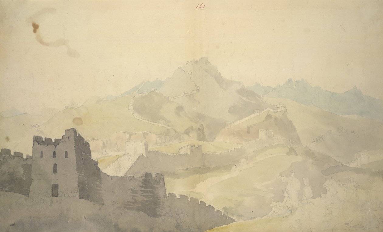 A Grande Muralha da China, do Álbum de 220 desenhos, principalmente perfis de costas, trajes e vida quotidiana feitos durante a embaixada de Lord Macartney no Imperador da China, WD 961, f.60 de William Alexander