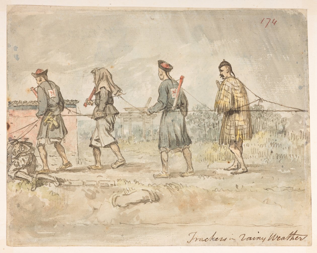 Seguidores em tempo chuvoso, de um Álbum de 278 desenhos de paisagens, costas, trajes e vida quotidiana feitos durante a embaixada de Lord Macartney no Imperador da China (lápis e aguarela sobre papel) de William Alexander