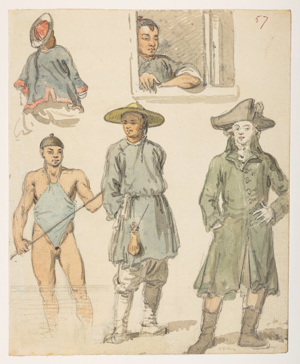 f.11 57 Estudos de chinês, de um Álbum de 372 desenhos de paisagens, costas, trajes e vida quotidiana feitos durante a embaixada de Lord Macartney no Imperador da China, entre 1792 e 1794 (lápis e aguarela sobre papel) de William Alexander