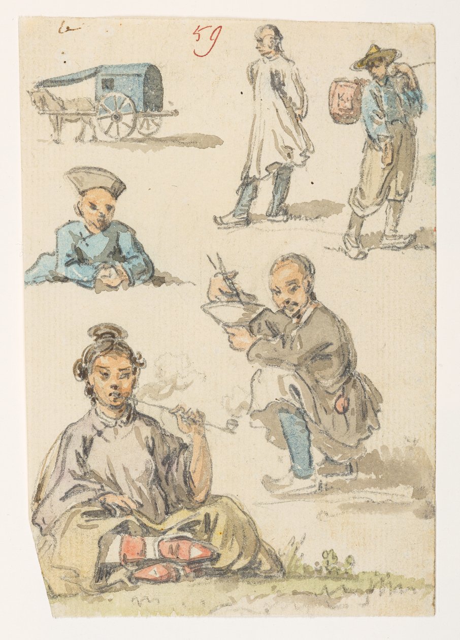 f.11 59 Estudos de chinês, de um Álbum de 372 desenhos de paisagens, costas, trajes e vida quotidiana feitos durante a embaixada de Lord Macartney no Imperador da China, entre 1792 e 1794 (lápis e aguarela sobre papel) de William Alexander