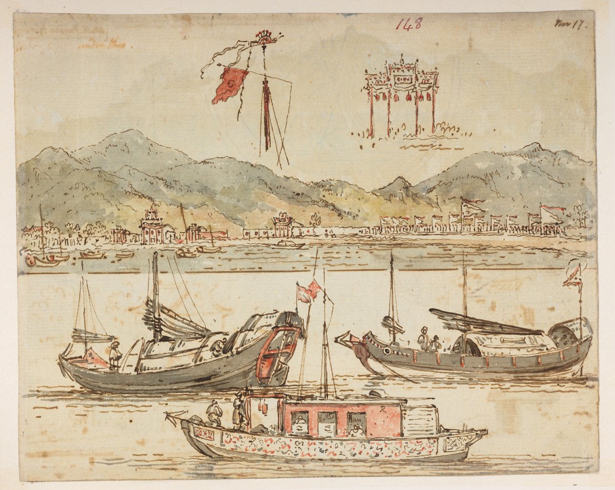f.59 148 Barcos e arcos triunfantes, de um Álbum de 372 desenhos de paisagens, costas, trajes e vida quotidiana feitos durante a embaixada de Lord Macartney junto do Imperador da China, entre 1792 e 1794 (lápis e aguarela sobre papel) de William Alexander