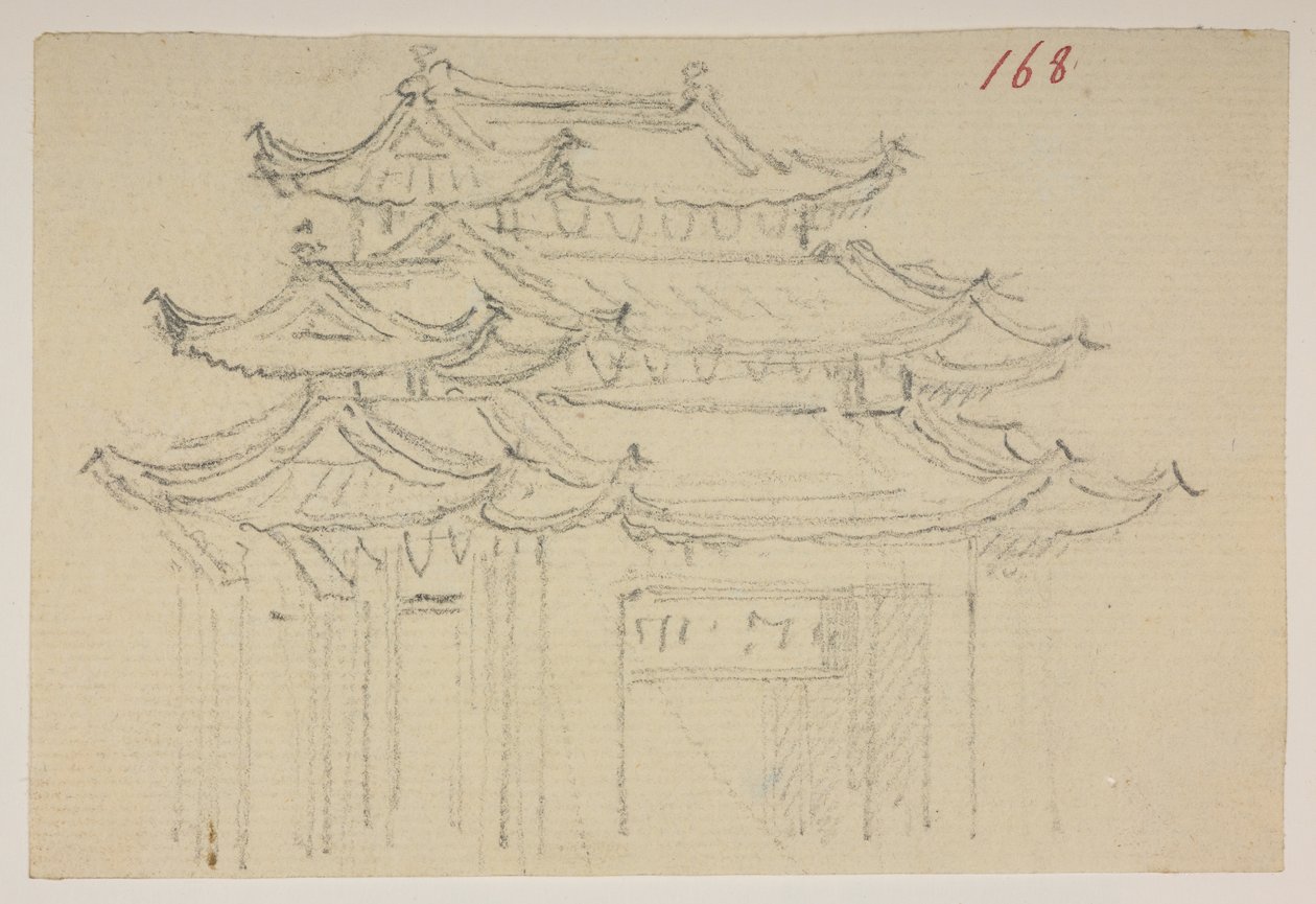 f.63 168 Templos, de um Álbum de 372 desenhos de paisagens, costas, trajes e vida quotidiana feitos durante a embaixada de Lord Macartney junto do Imperador da China, entre 1792 e 1794 (lápis e aguarela sobre papel) de William Alexander