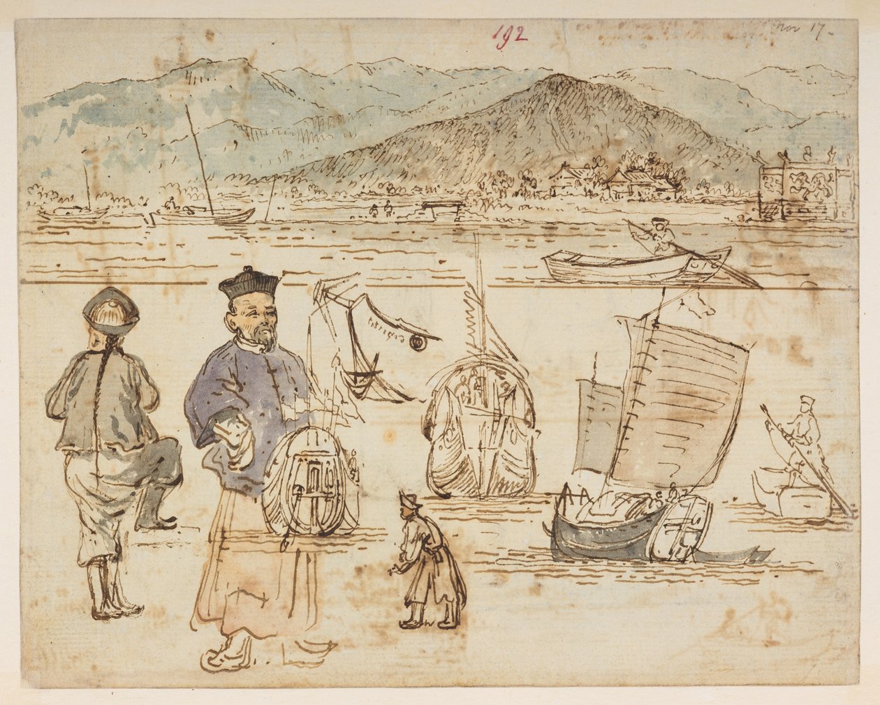 f.67 192 Estudos de figuras, com barcos incluídos em 192.  , de um Álbum de 372 desenhos de paisagens, litorais, trajes e cotidiano feitos durante a embaixada de Lord Macartney ao Imperador da China, entre 1792 e 1794 (lápis e aquarela sobre papel) de William Alexander