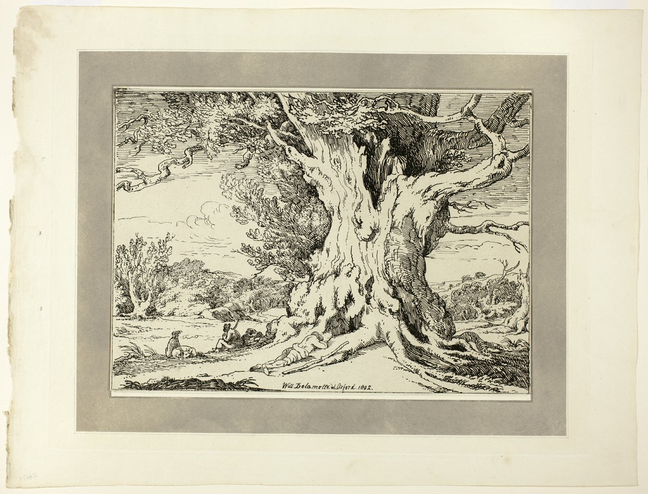 Descansando, homens e cães sob uma grande árvore, da primeira edição de Specimen of Polyautography de William Alfred Delamotte