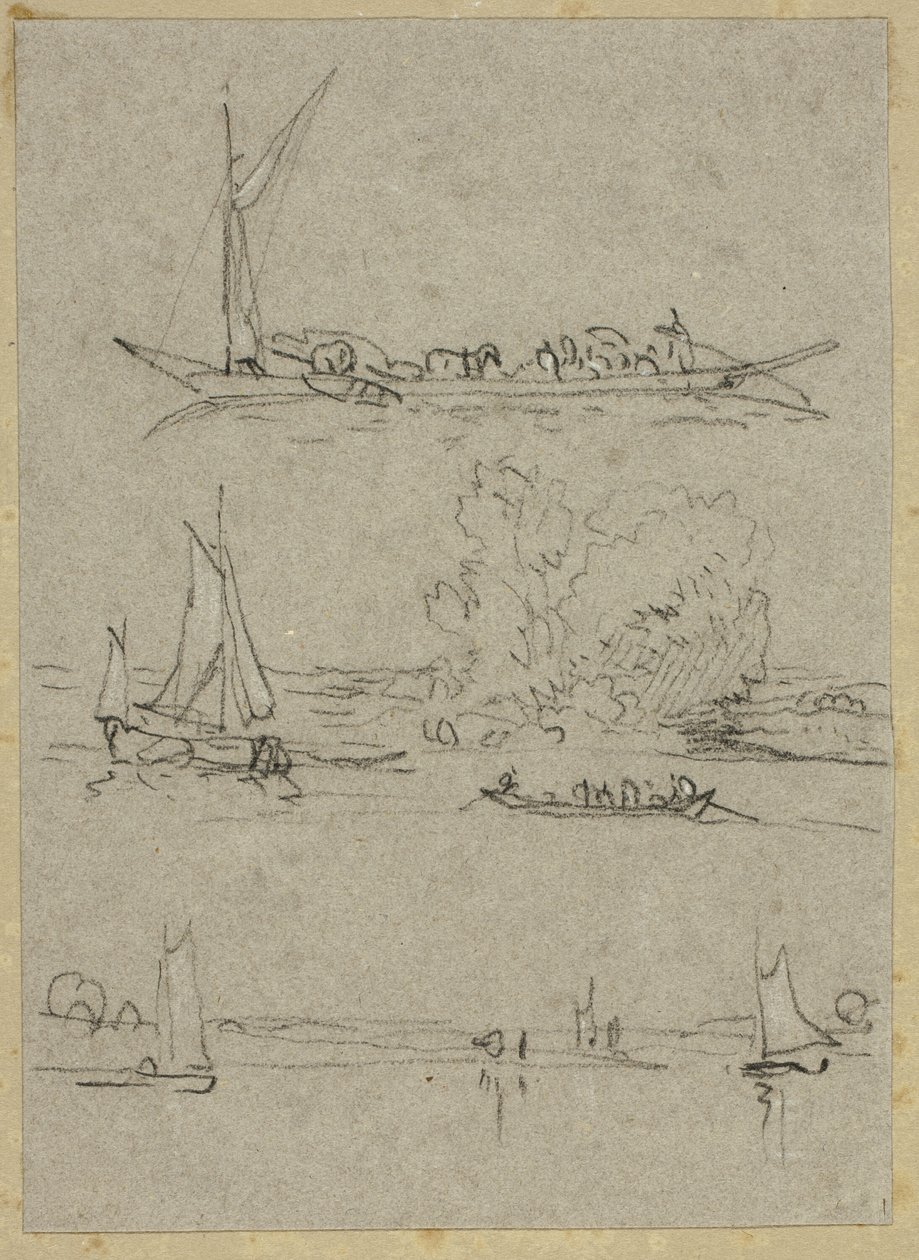Três esboços de barcos fluviais de Dusseldorf de William Alfred Delamotte
