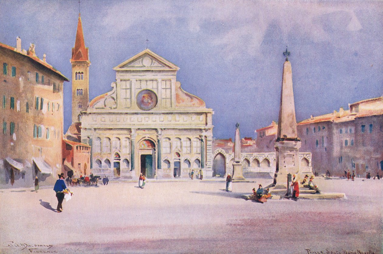 Piazza S. Maria Novella, Florença, da Pitoresca Europa de Hutchinson publicada pela Hutchinson & Son, c.1930 (lito colorido) de William Alister Macdonald