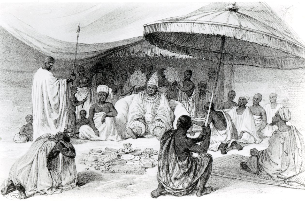O Attah, de "Vistas pitorescas sobre o rio Níger, esboçado durante a última visita de Lander em 1832-33", litografia de Charles Haghe, 1840 de William Allen