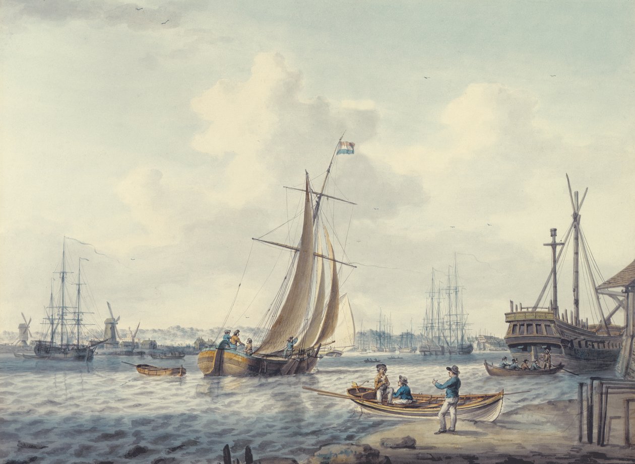 Uma vista de Greenwich e Deptford mostrando o Royal Naval College e o Royal Dockyard, 1789 (wc) de William Anderson