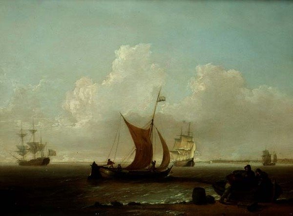 Navegação holandesa ao largo da costa da Holanda com pescadores a carregar um barco de terra de William Anderson