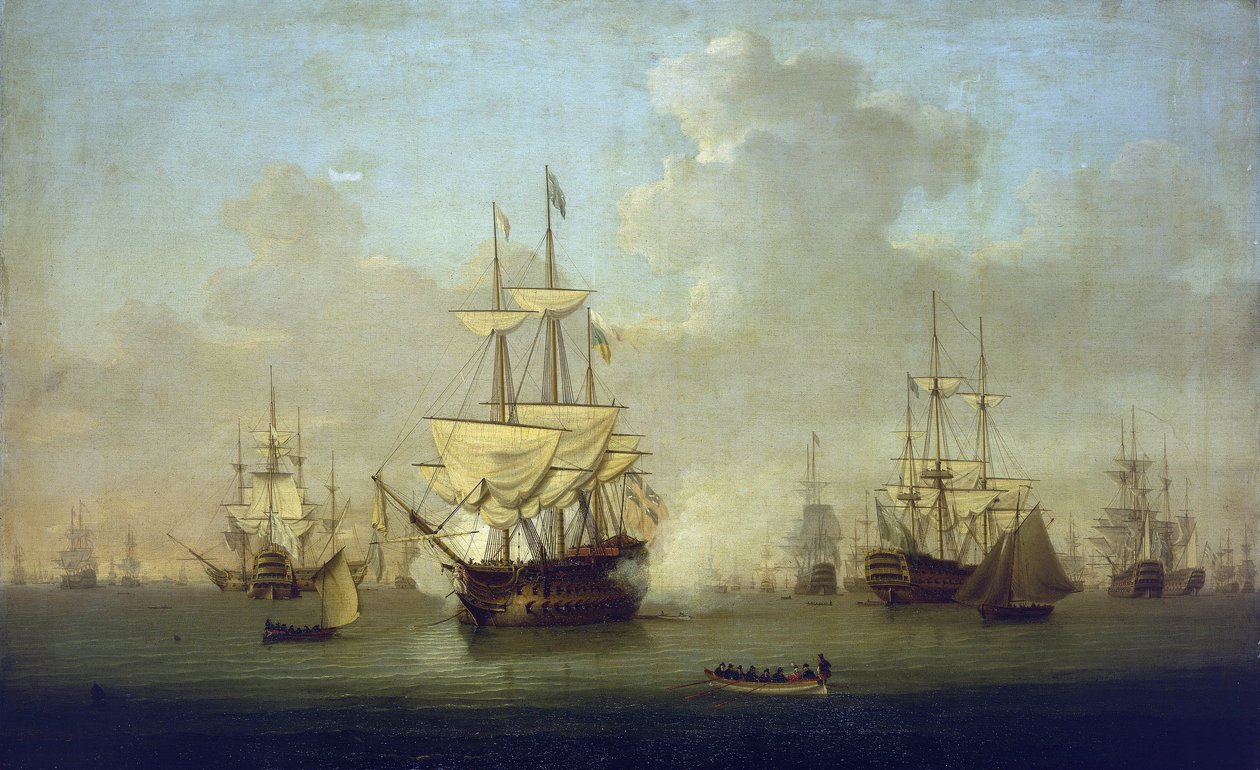 O "Queen Charlotte", um novo navio de guerra de 104 canhões, em Spithead (Inglaterra) 1790, nas vésperas das Guerras Revolucionárias Francesas (1793-1802) de William Anderson