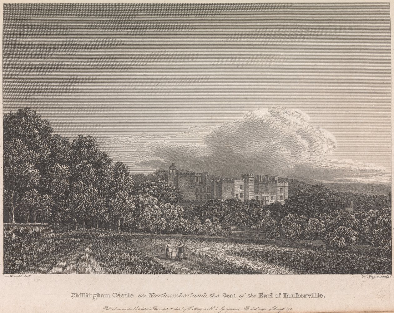 Castelo de Chillingham em Northumberland, The Seat of the Earl of Tankerville (publicado por W. Angus): Placa 62; página 62 (Volume Um) de William Angus