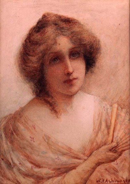 Senhora com um Ventilador em Vestido Rosa (aguarela sobre papel) de William Ashburner