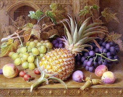 Uma Natureza Morta de Abacaxi, Uvas, Pêssegos, Morangos e Avelãs num Cómoda de William B. Hough