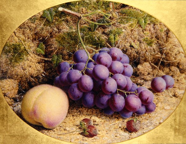 Uvas e Pêssego em um Banco Mossy (aquarela em papel) de William B. Hough