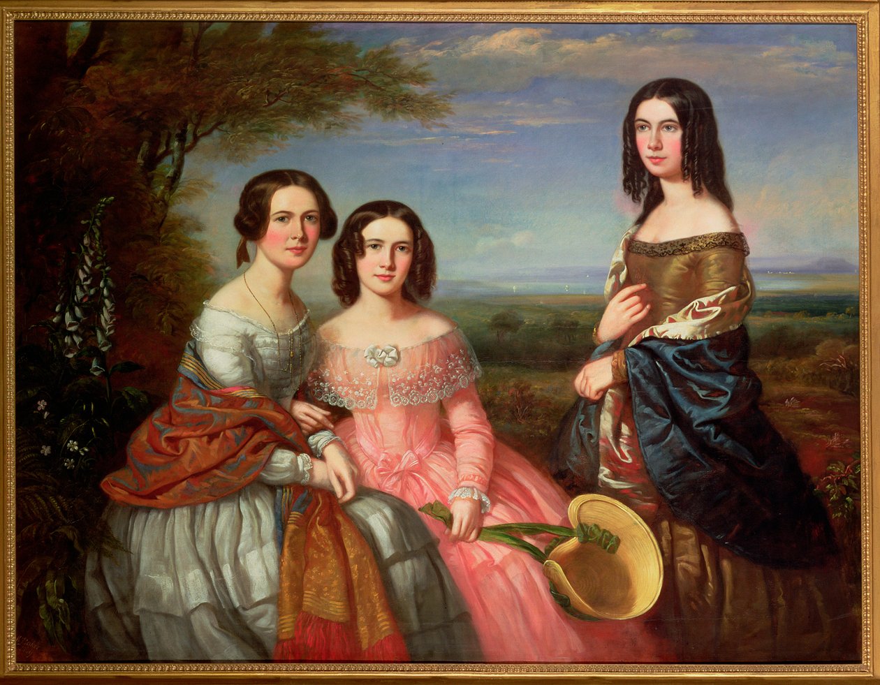 Um retrato de grupo de três meninas, comprimento de três quartos, em uma paisagem, 1849 de William Baker