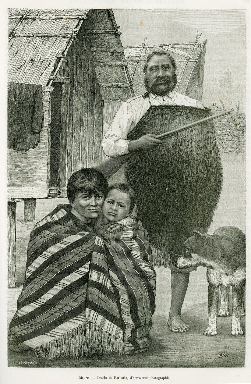 Três gerações de Maoris. Gravura de Barbotin, para ilustrar a história Voyage a la Nouvelle Zelande, em 1889, de G.Verschuur, in le tour du monde 1890, dirigido por Edouard Charton (1807-1890), Hachette, Paris. de William Barbotin