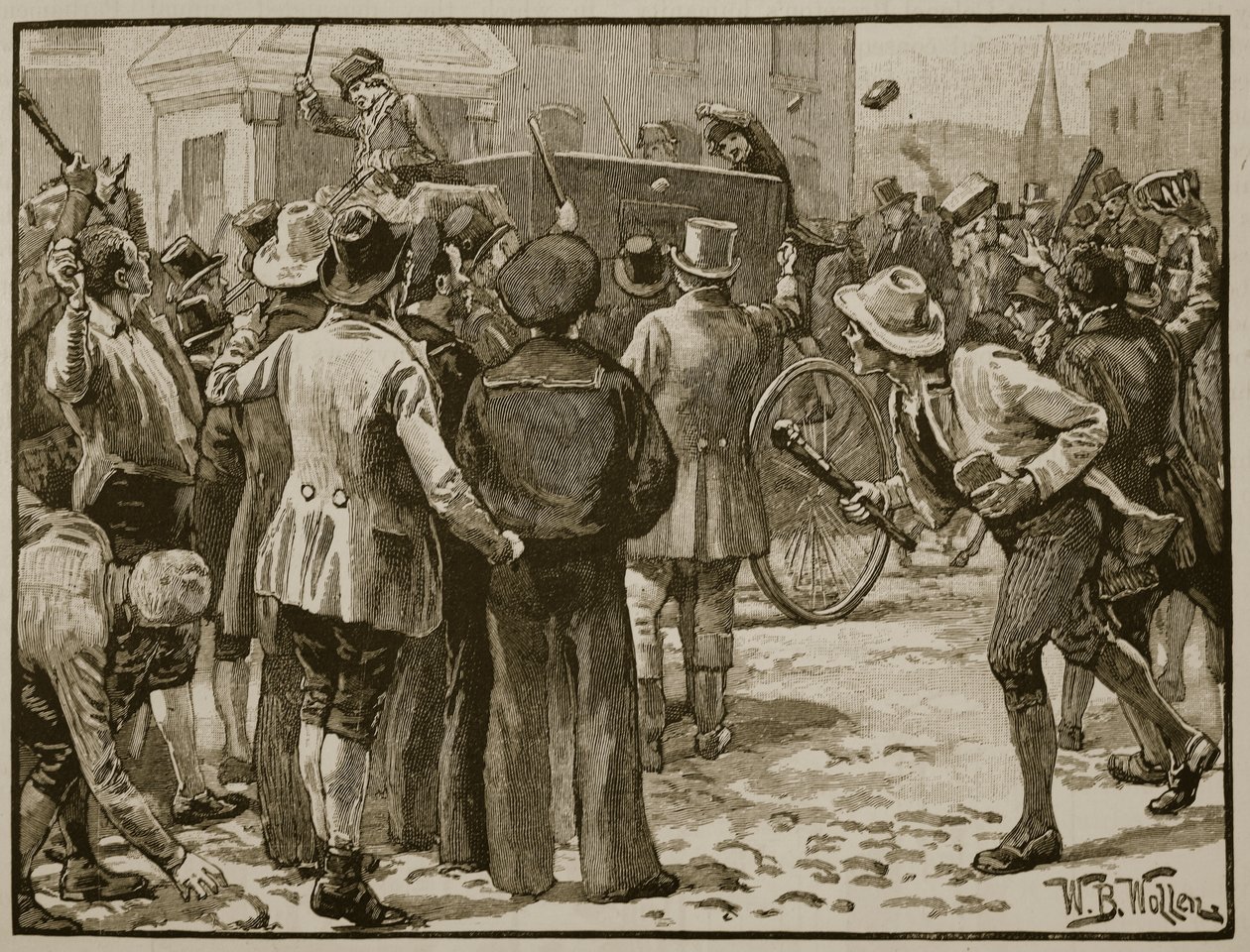 Ataque a Sir Charles Wetherell em Bristol, ilustração de &39;História Ilustrada de Cassell na Inglaterra&39; (foto sépia) de William Barnes Wollen