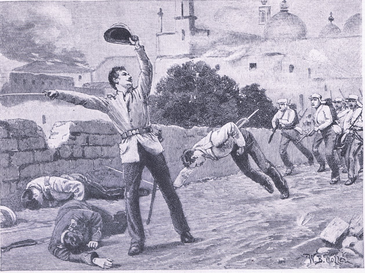 Carregando a ponte de Charbagu, Lucknow 25 de setembro de 1857, ilustração de batalhas britânicas em terra e mar, 1915 de William Barnes Wollen